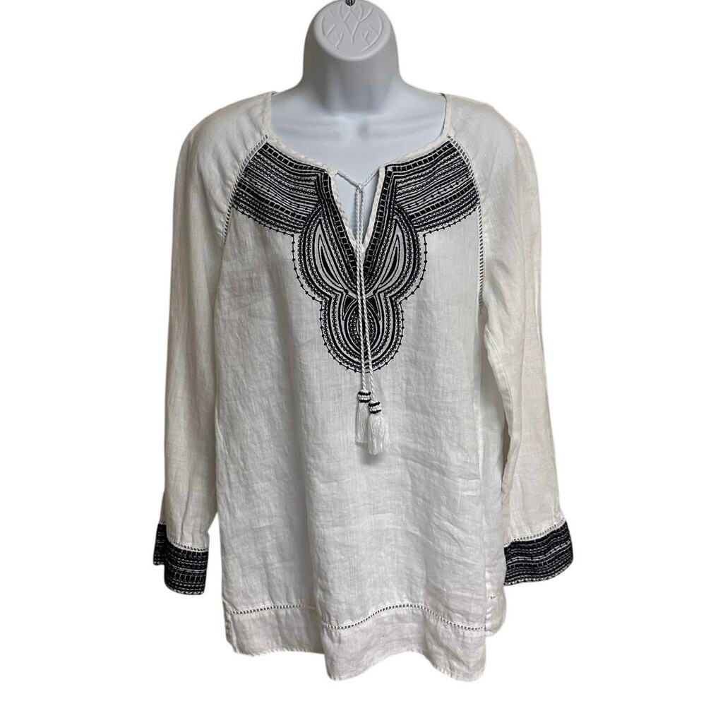 100%  White Linen Embroidered Boho Blouse Tassel Tie Peasant Top Lightweight - Picture 3 of 10